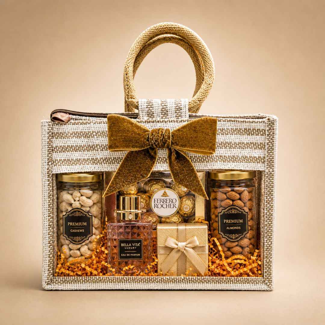 (Set of 5)Premium Jute Gift Bags with Transparent Window & Golden Bow – 12 x 15 Inches
