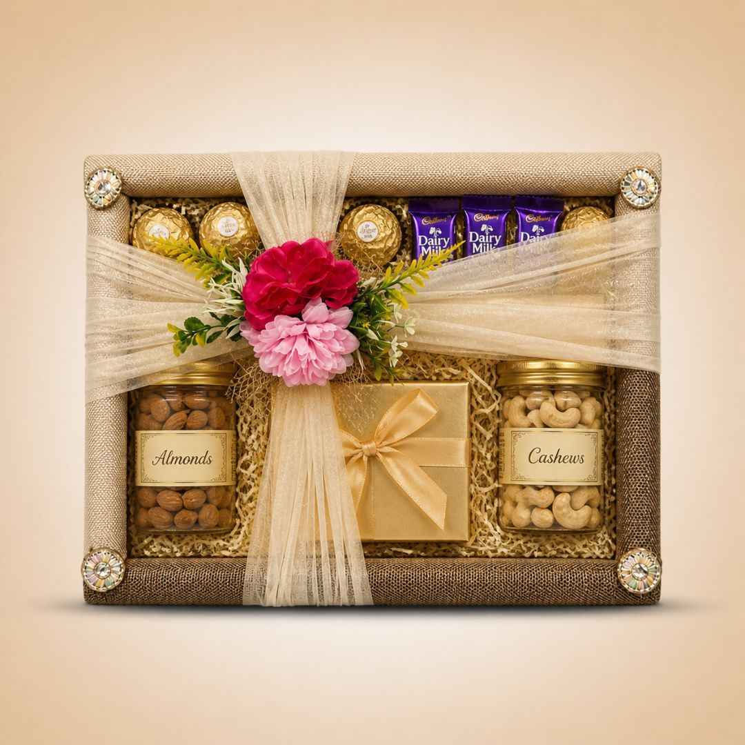 (Set of 3)Luxury Golden Ready-to-Use Trousseau Tray with Floral Net Decor – 19 x 14 Inches