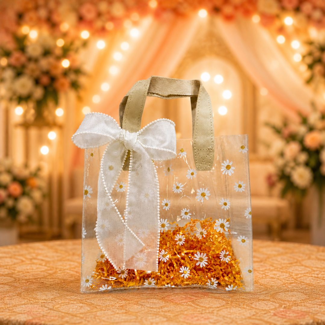 (Set of 5)Premium Transparent Floral Gift Bag with Bow Handle – 10 Inch x 14 Inch Sizes