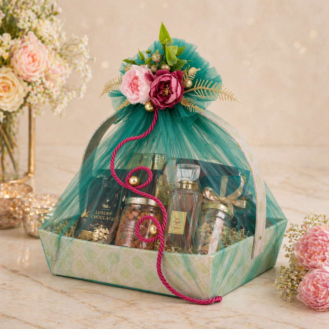 (Set of 3)Premium Mint Green Net Gift Basket with Floral Decor & Handle – 11 x 15 Inches