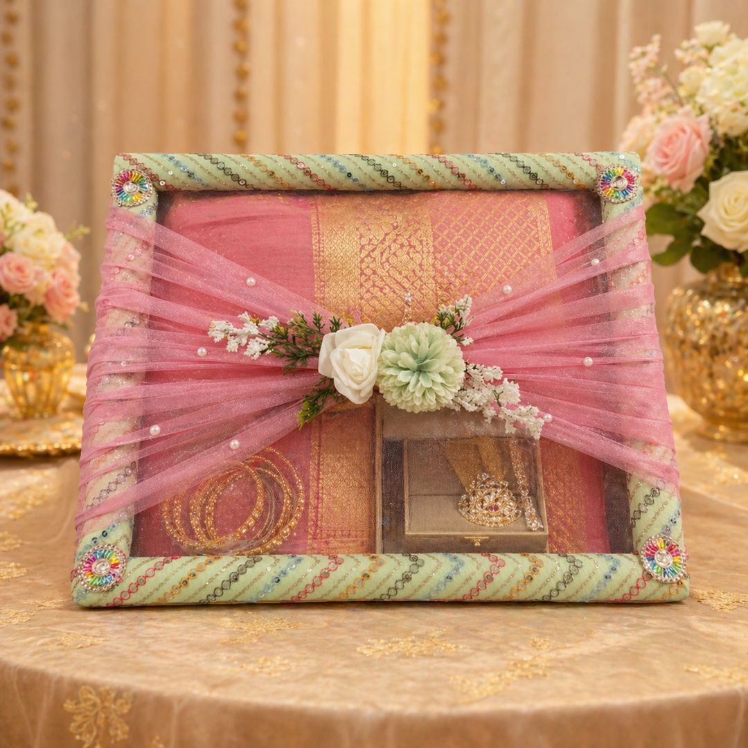 (Set of 3) Classic Green Brocade Trousseau Trays with Organza & Floral Decor – Wedding Gift Packing Made Elegant