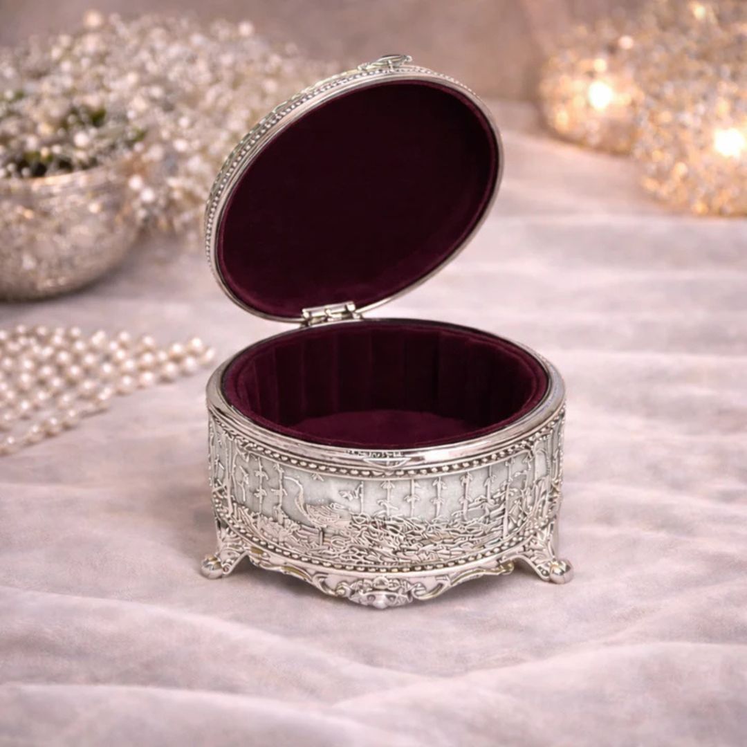 Adscraft Royal Peacock German Silver Jewelry & Dry Fruit Box with Velvet Lining (3 Inch)