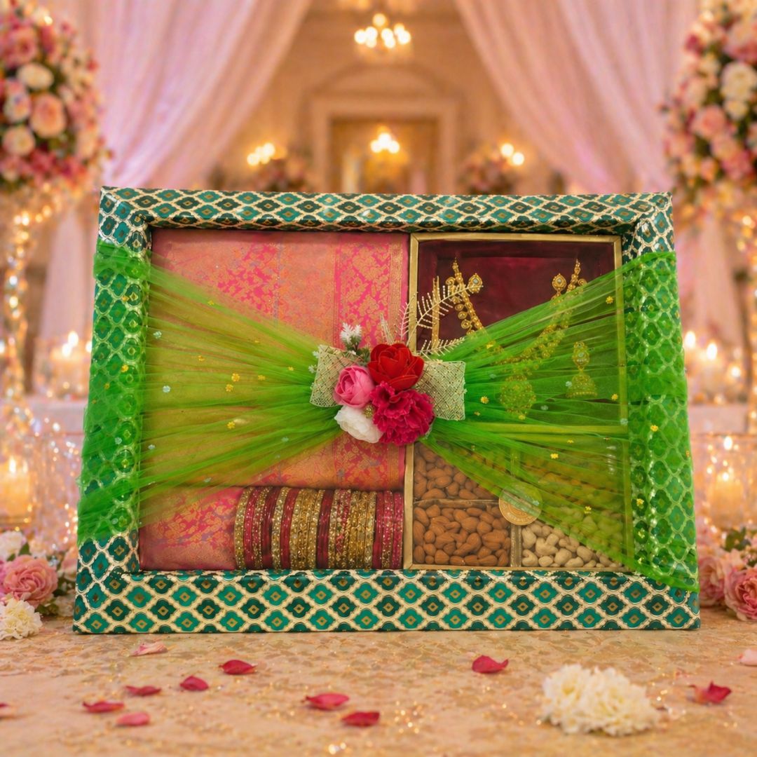 (Set of 3)Premium Green Net Decorative Gift Tray – Floral Center Design | 21 x 16 Inches