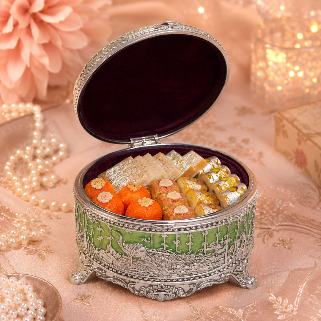 Royal Peacock Enamel Silver Jewellery Box – 3 Inch (Green Finish)