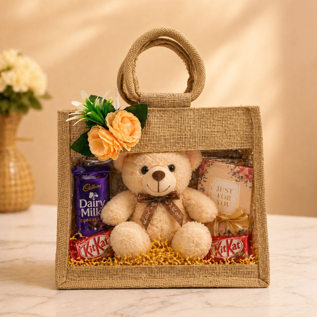 (Set of 5)Premium Jute Gift Basket with Transparent Window & Floral Accent – 11 x 13 Inch