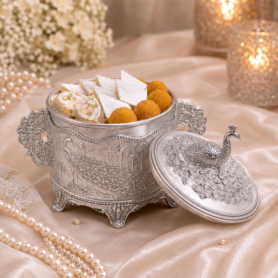 Royal Peacock German Silver Dry Fruit & Sugar Pot – Classic Silver Finish (4 Inch) - Adscraft.in