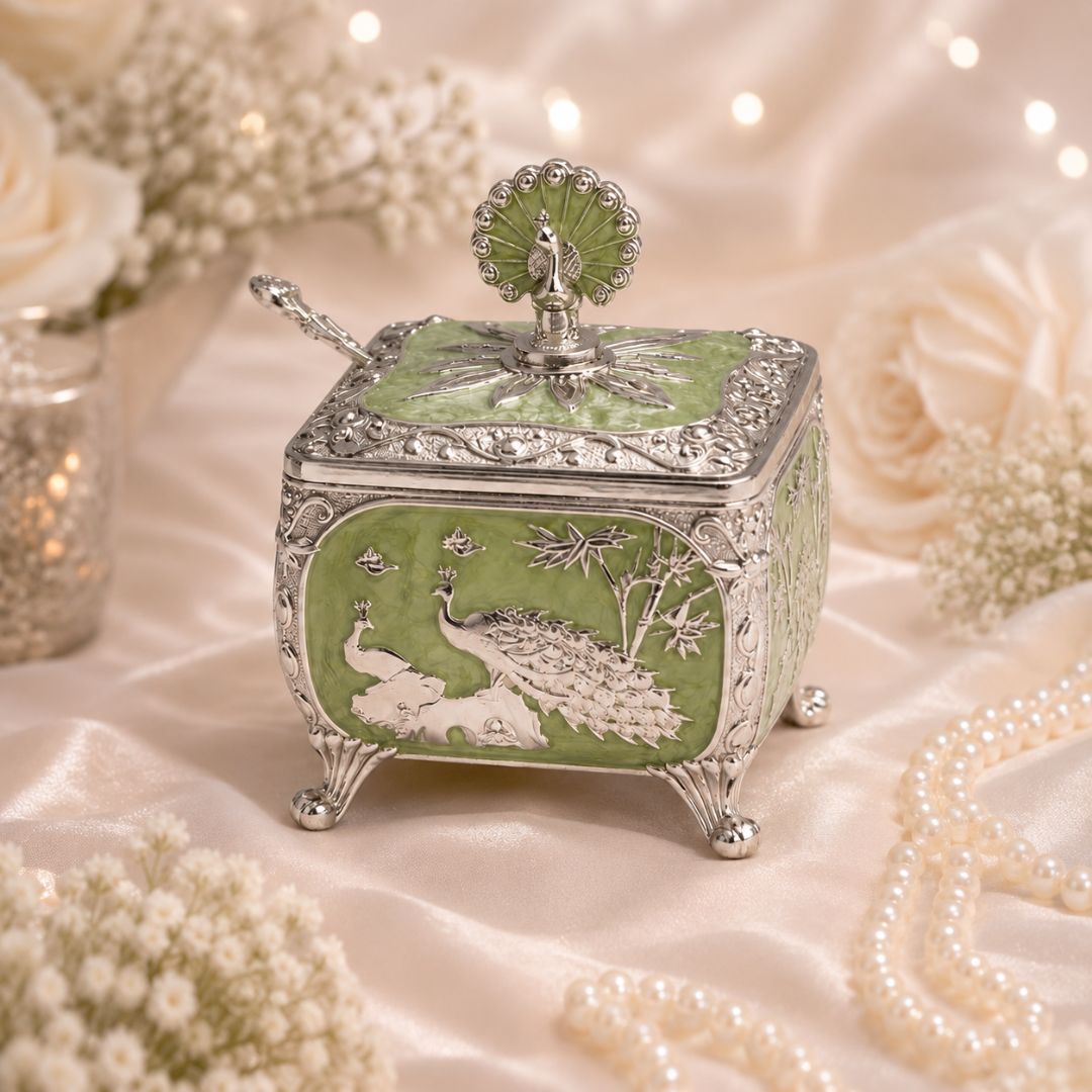 Royal Peacock German Silver Dry Fruit Box (Green) – 4 x 4 Inch with Spoon