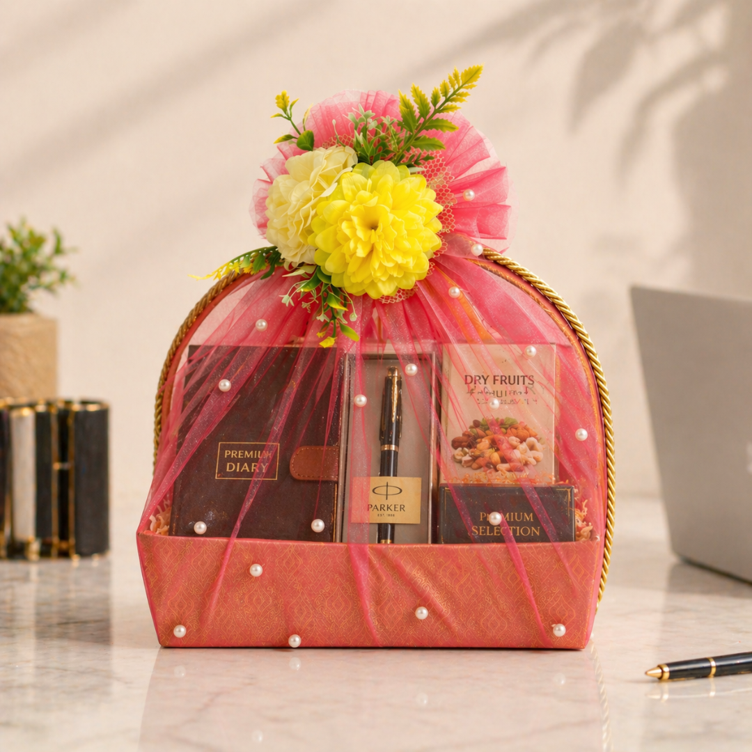 (Set of 3)Premium Peach Net Gift Basket with Floral Top –  (11 x 15 Inches)