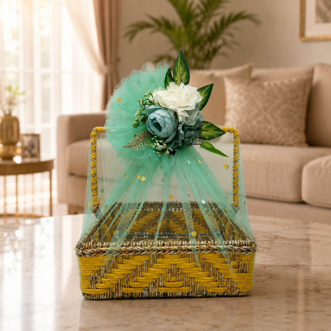 (Set of 3 )Premium Yellow Handwoven Trousseau Basket Set with Mint Net Decor –