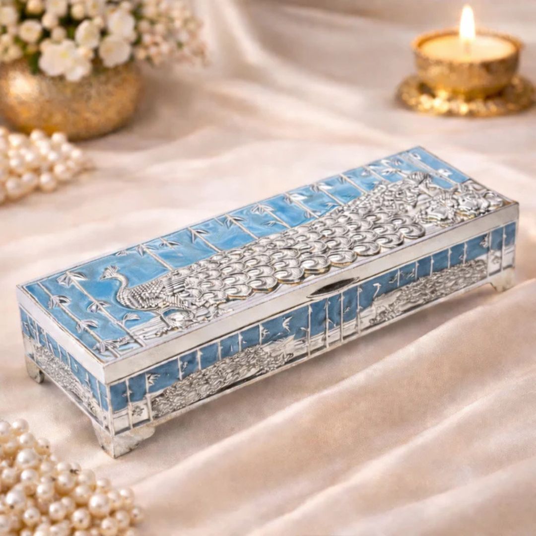 Premium German Silver Peacock Dry Fruit Box with Blue Enamel Finish (9 x 3.5 x 2 Inch)