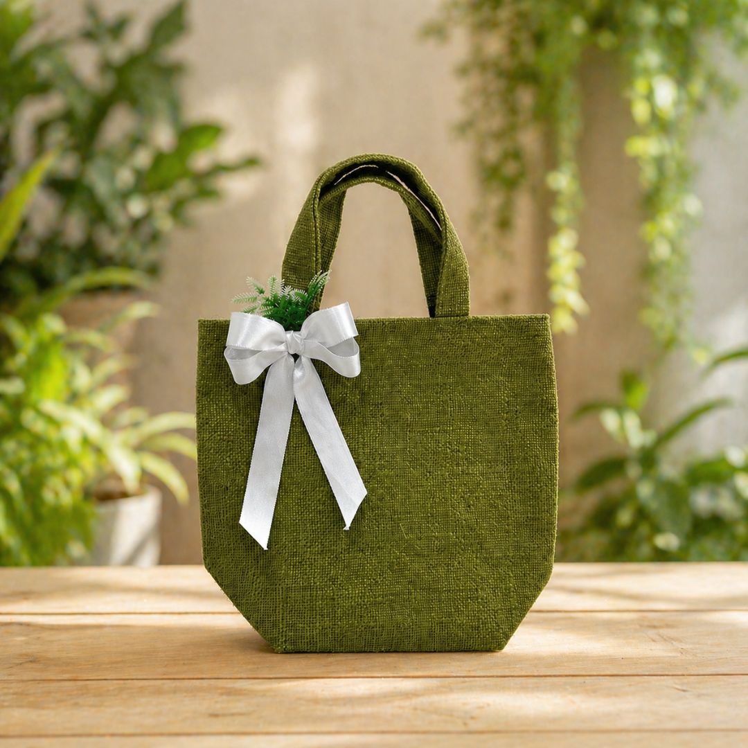 (Set of 5)Premium Olive Green Jute Gift Bag with Ribbon & Floral Accent  –  (11 x 15 Inch Sizes)