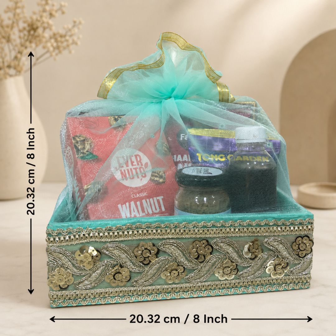 Set of 3-Turquoise Silver Embroidered Wedding Hamper Basket  Set