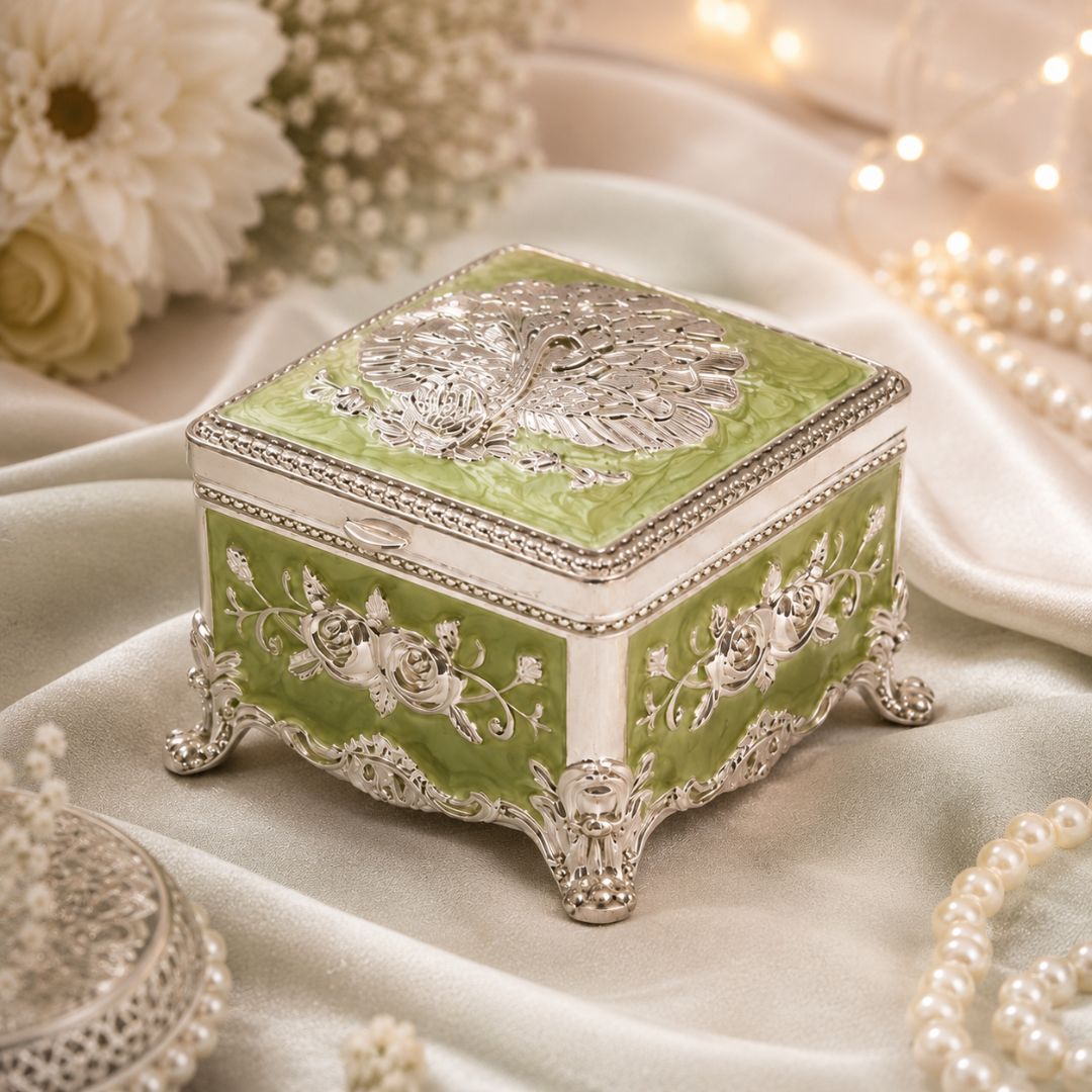 Royal Green Floral Metal Jewellery Box with Velvet Lining (3 x 3 x 2 Inch)