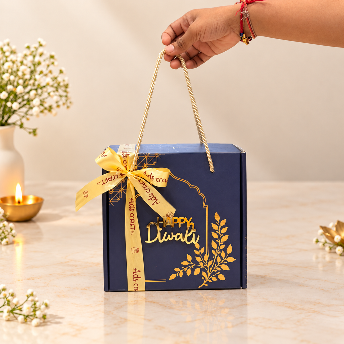 Open Navy Festive Rope Diwali hamper with Open Secret nut mix, Eat Better snacks, Farmley makhana and Loyka brittle