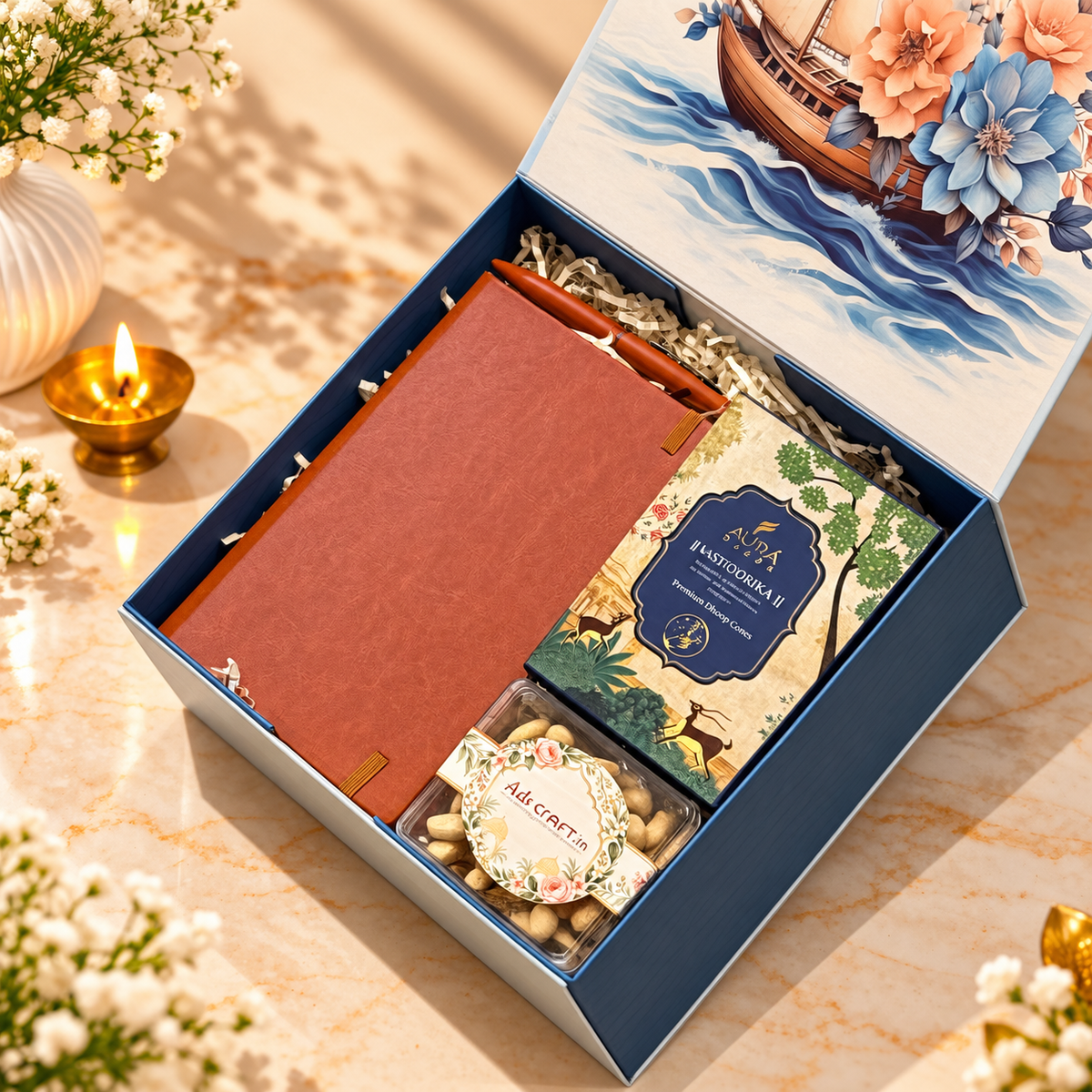 Premium rigid flip corporate Diwali hamper with leather diary, pen, mixed nuts, dhoop and custom branding