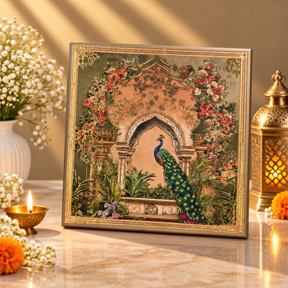 Peacock Luxe Diwali hamper with premium chocolates, spiced cashews, almonds, cranberry, dhoop and festive decor