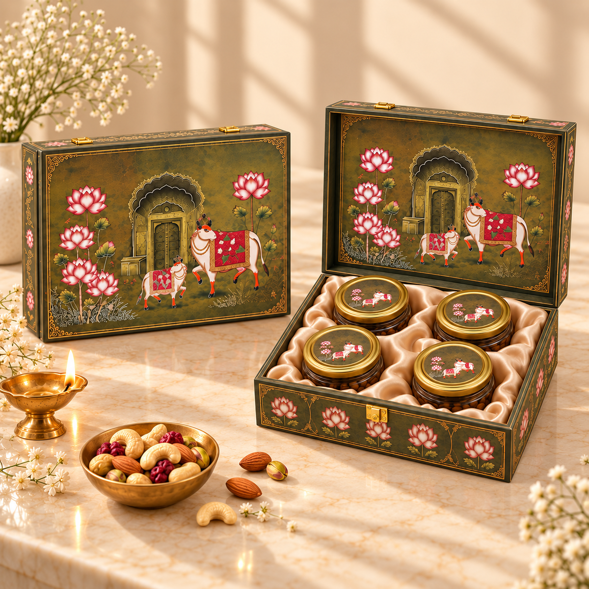 Premium Antique Green Pichwai Lotus and Cow gift box for Diwali, wedding and corporate gifting
