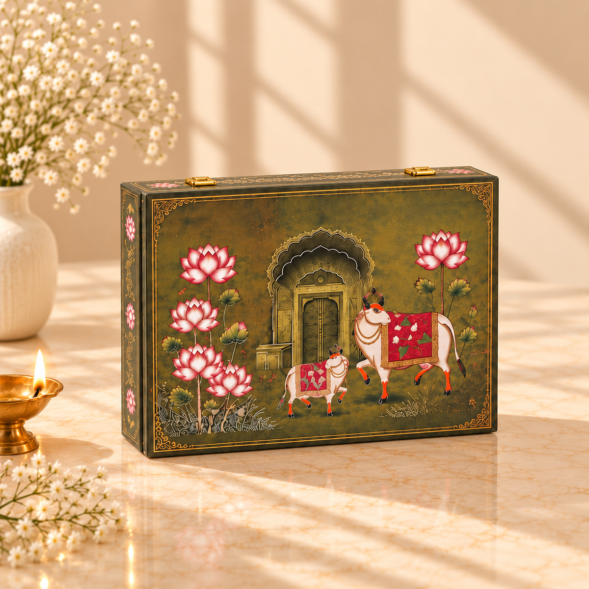 Antique Green Pichwai Lotus and Cow gift box with four jars for dry fruits, nuts, sweets, mukhwas and chocolates