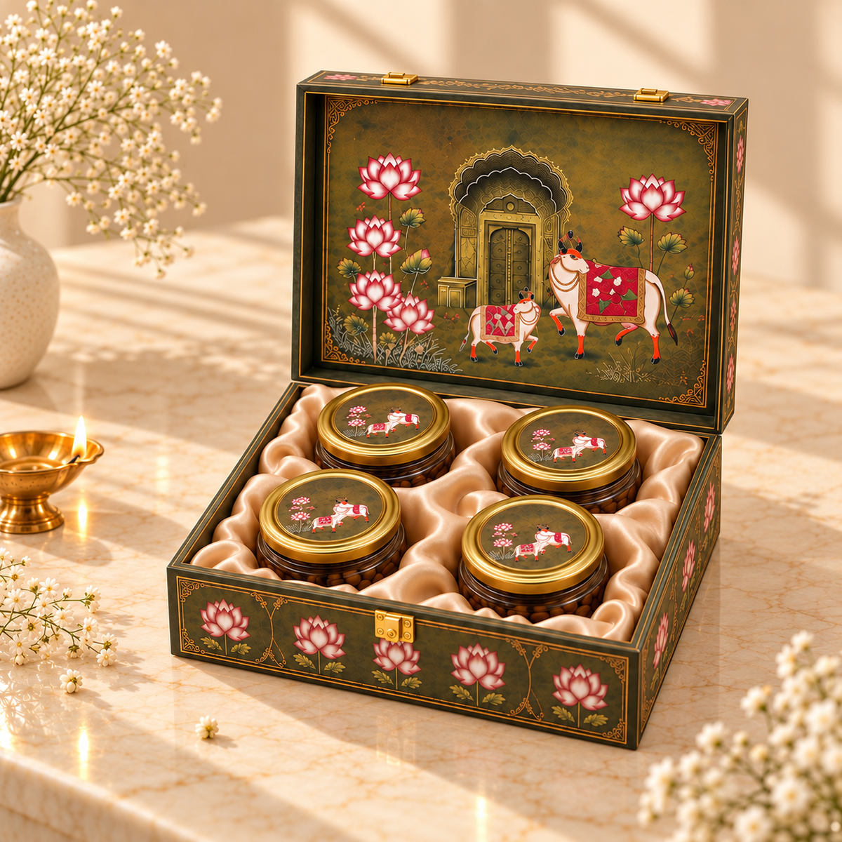Royal Antique Green Pichwai Lotus and Cow 4-jar gift box measuring 9.5 x 9.5 x 3.5 inches available in pack of 5