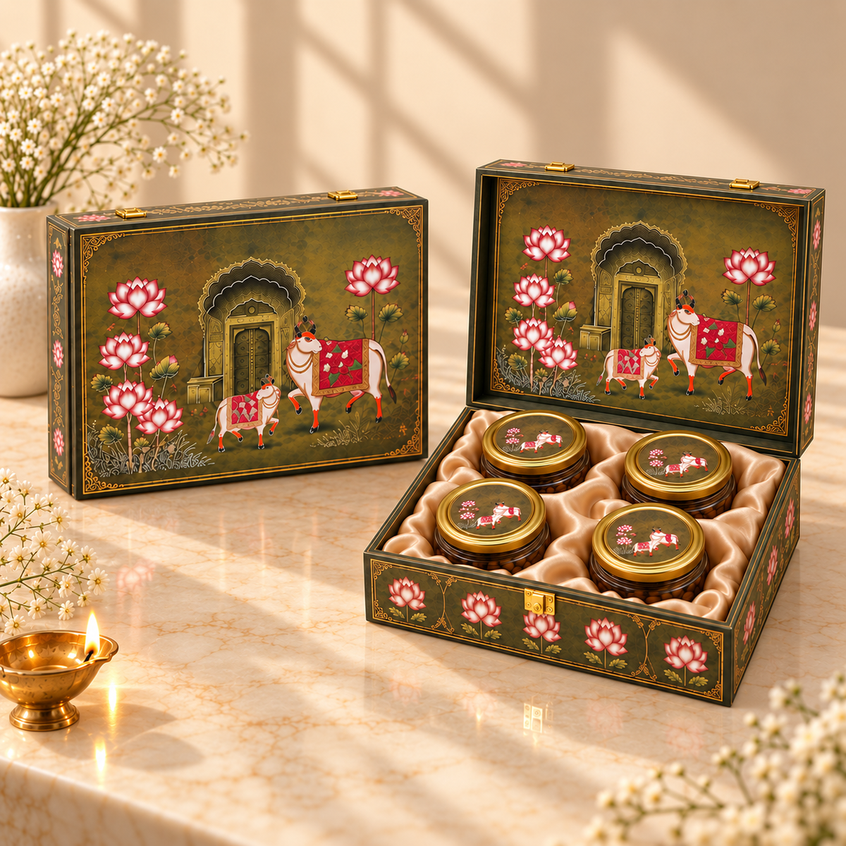 Open Antique Green Pichwai Lotus and Cow 4-jar gift box for dry fruits, sweets and festive gifting