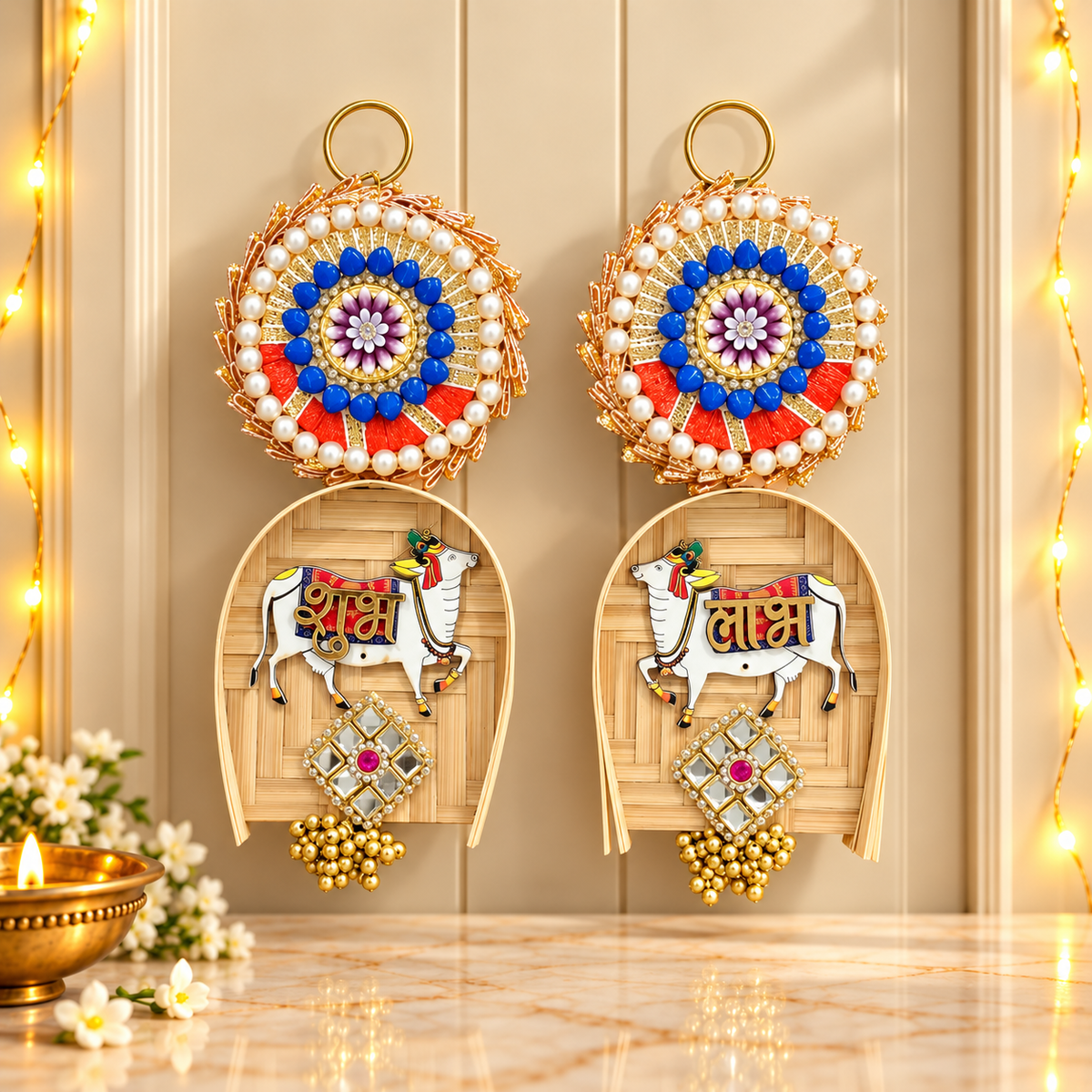 Bamboo Soop Cow Shubh Labh door hanging for main door and Diwali home decoration in India