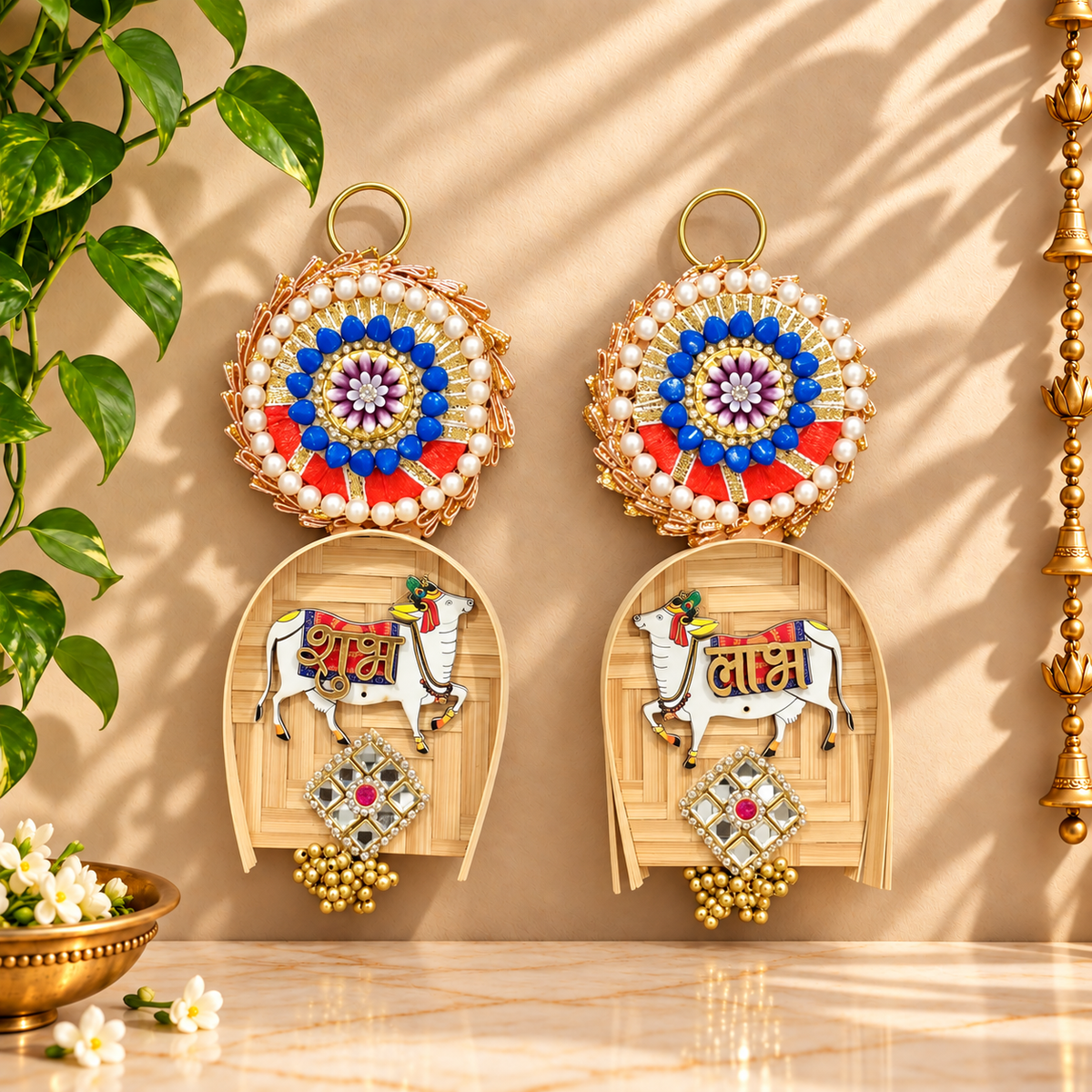 Bamboo Soop Cow Shubh Labh hanging displayed on main door for Diwali and Gruh Pravesh decoration