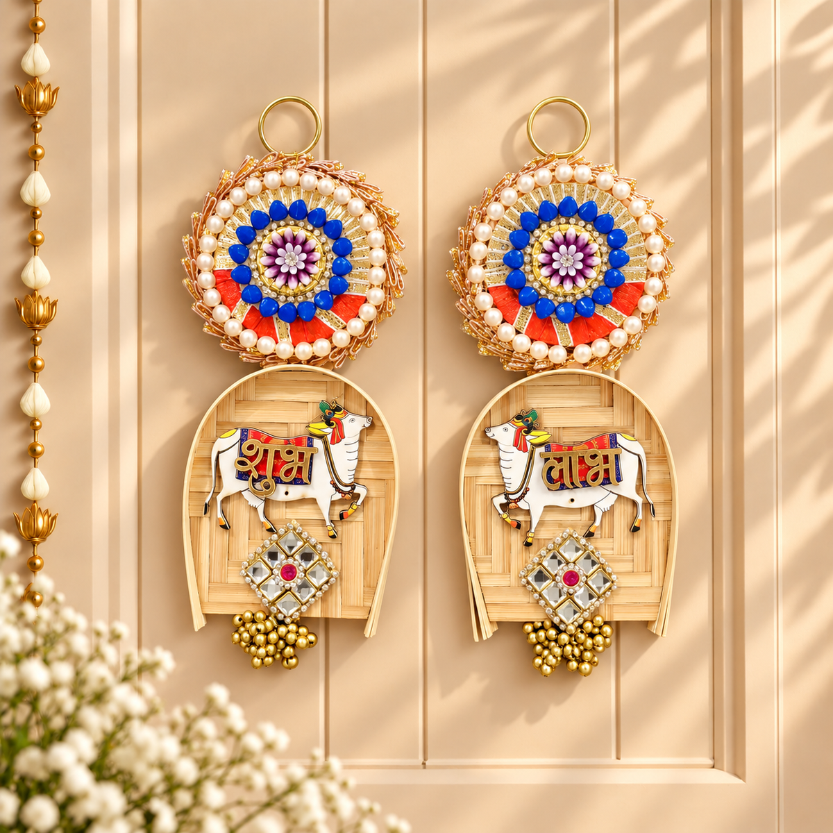 Bamboo Soop Cow Shubh Labh pair with traditional Indian festive detailing for Diwali decoration