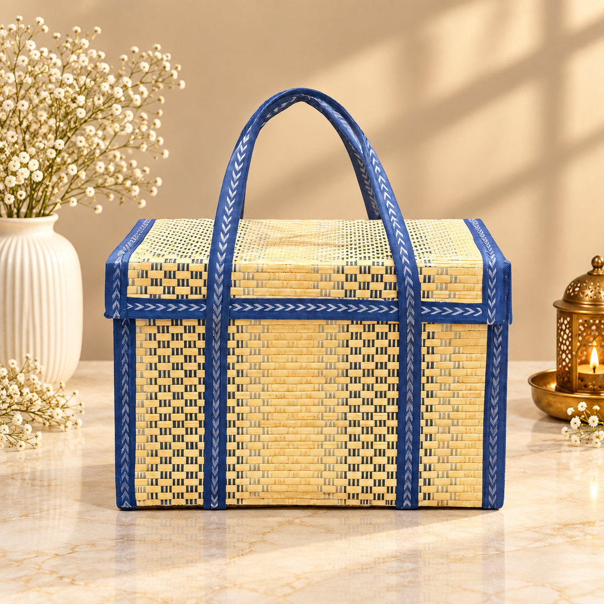 Handwoven Seagrass and Sabai Grass gift hamper basket with blue chevron handles pack of 3