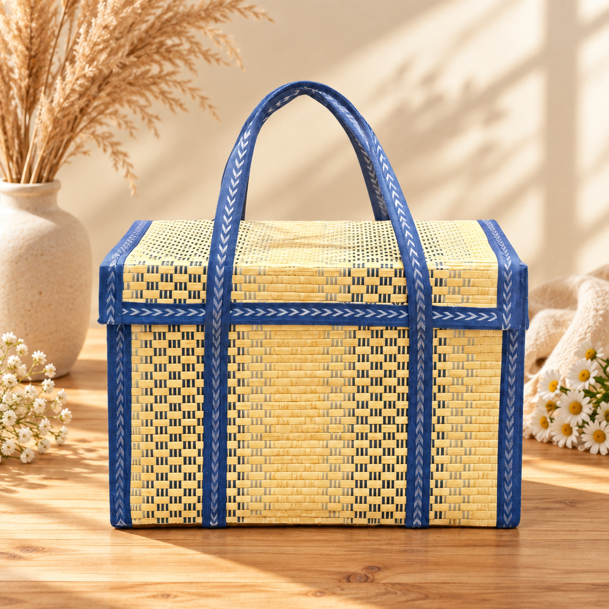 Natural handwoven Seagrass gift basket with blue chevron handles for wedding and festive hampers