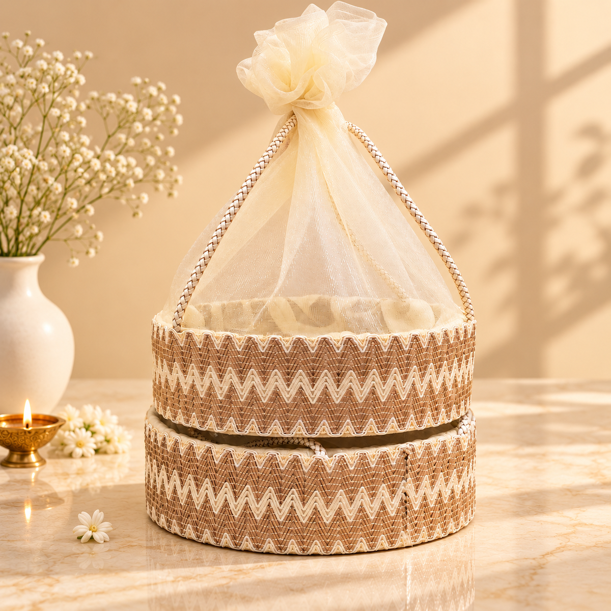Beige and Brown Zigzag Woven Potli Basket close-up showing textured decorative weave