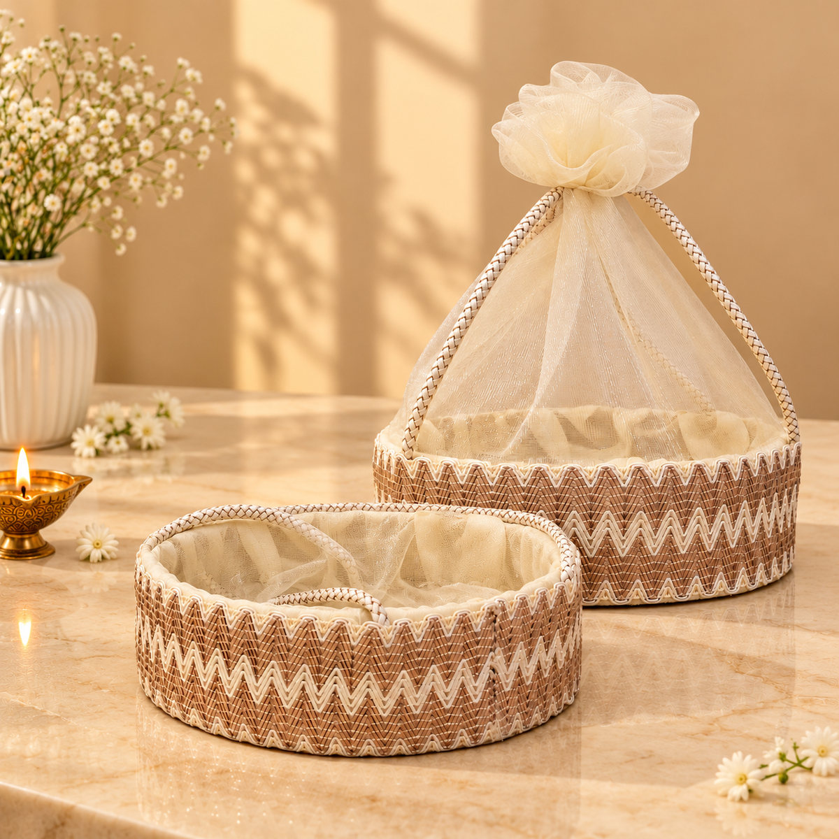 Beige and Brown Zigzag Woven Potli Basket for Diwali hampers, wedding trousseau and corporate gifting in India