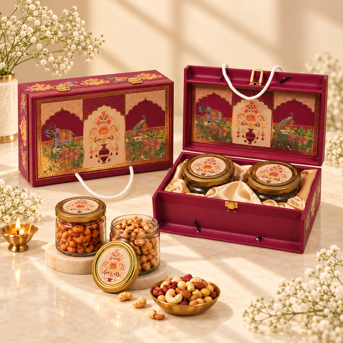 Closed Burgundy and Gold Heritage luxury hamper box for Diwali, weddings and corporate gifting