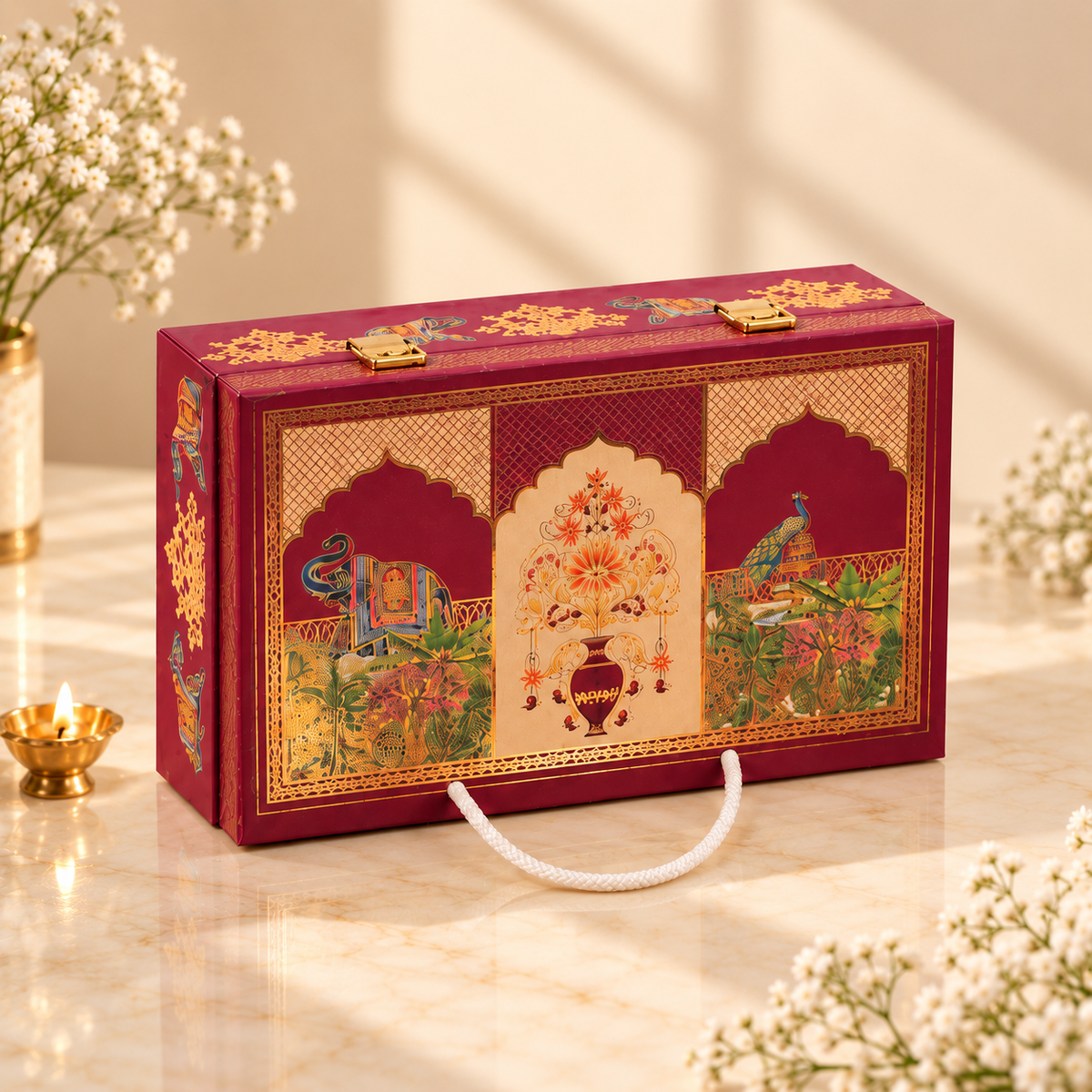 Open Burgundy and Gold Heritage hamper box with two empty jars for customized Diwali and wedding gifting