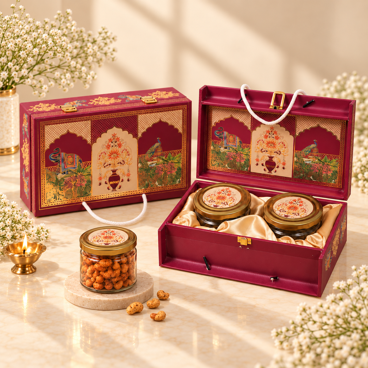 Burgundy and Gold Heritage gift box with two empty jars for dry fruits, sweets, mukhwas or chocolates
