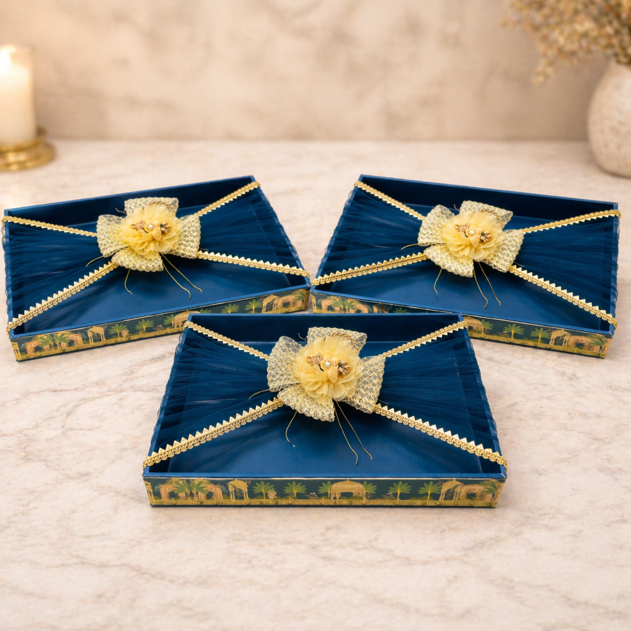 (Set of 3)Royal Blue Decorative Gift Trays for Wedding Trousseau & Return Gift Packing