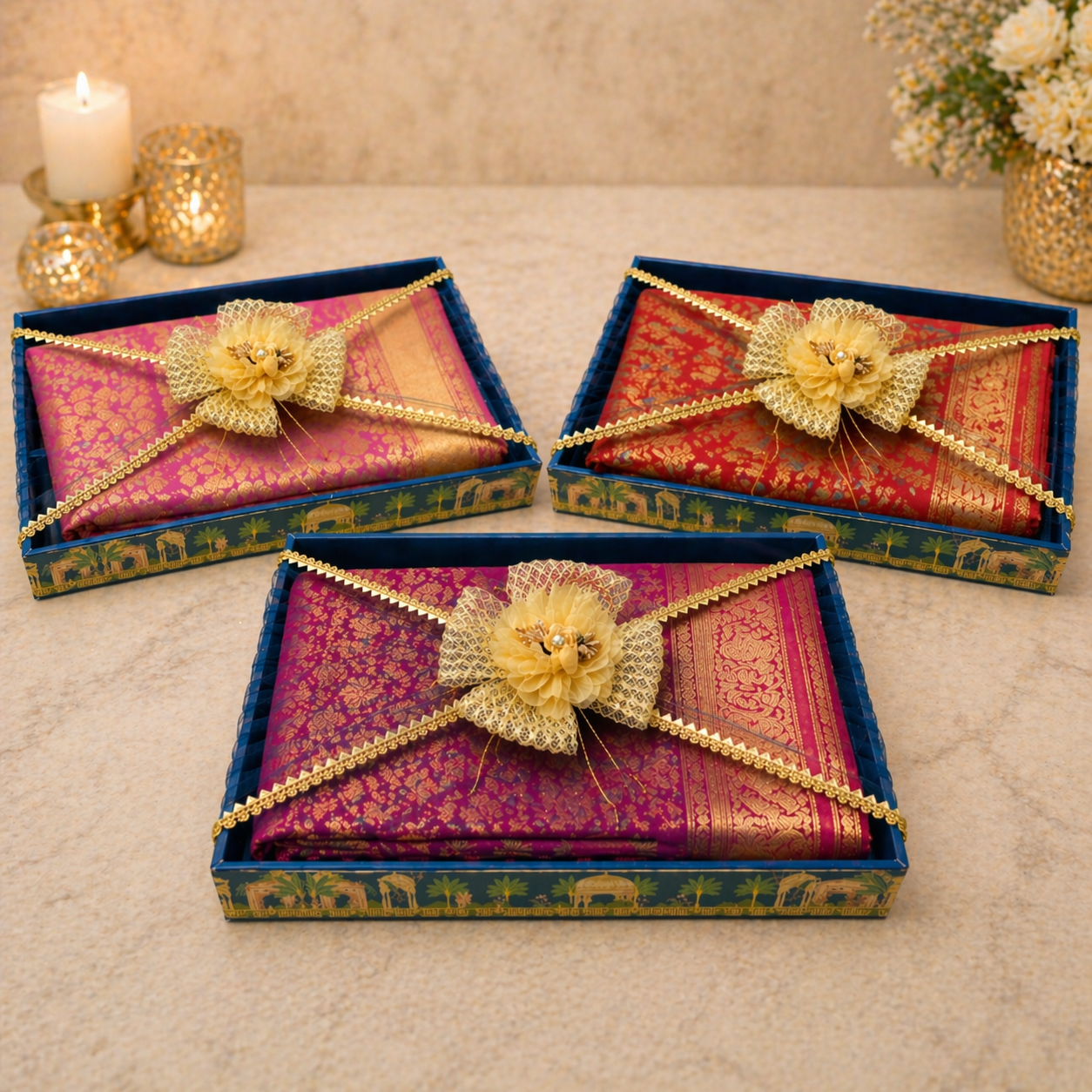 (Set of 3)Royal Blue Decorative Gift Trays for Wedding Trousseau & Return Gift Packing