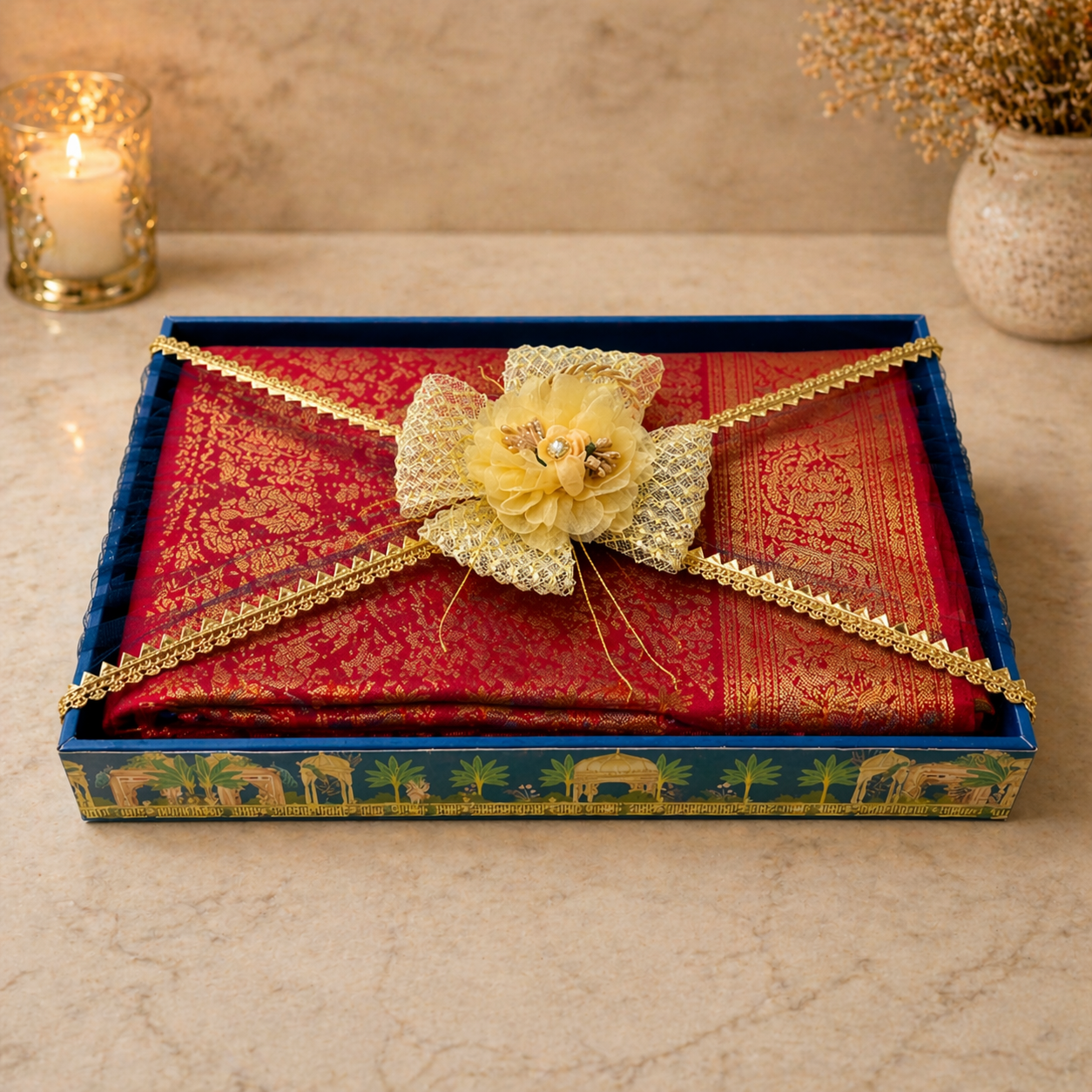 (Set of 3)Royal Blue Decorative Gift Trays for Wedding Trousseau & Return Gift Packing