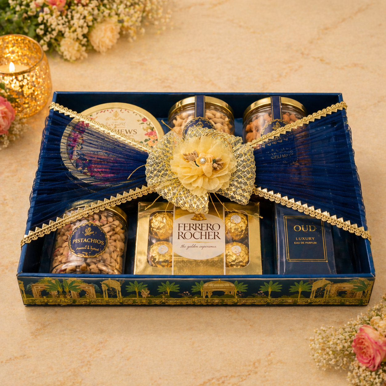 Pack of 3 Royal Blue Decorative Gift Trays for Wedding Trousseau & Return Gift Packing