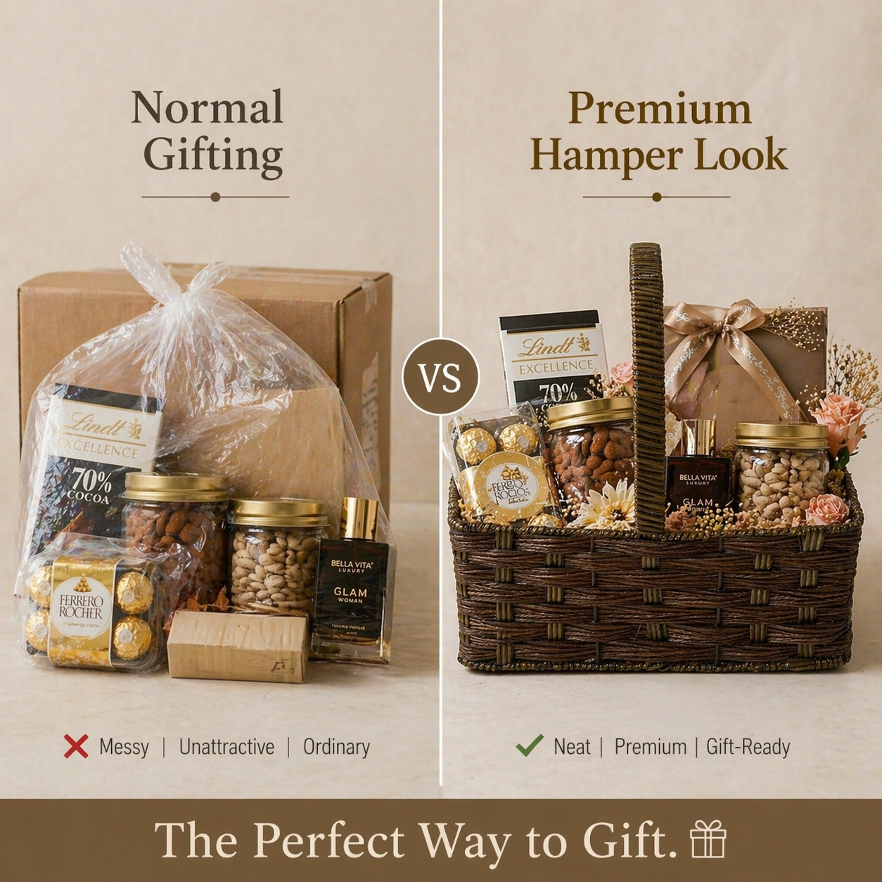 (Set of 3)Premium Brown Woven Handle Basket – Multipurpose Gift Hamper & Trousseau Packing Basket