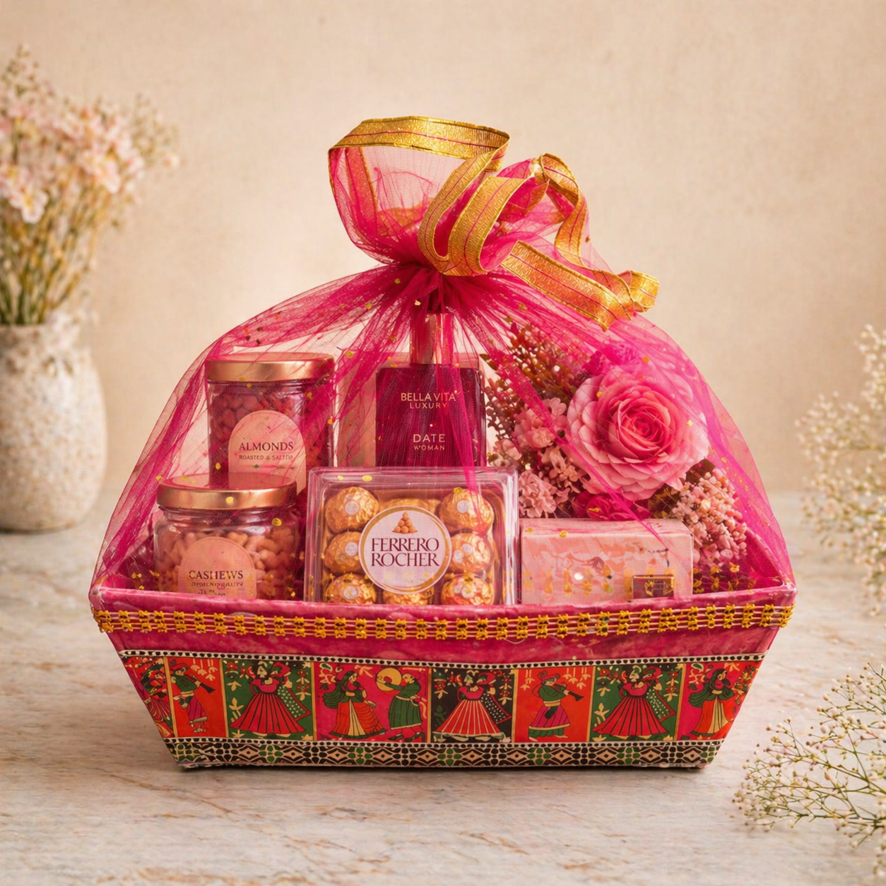 (Pack of 10)Premium Red Net Gift Tray with Folk Art Base – | Wedding Trousseau & Festive Hamper Tray
