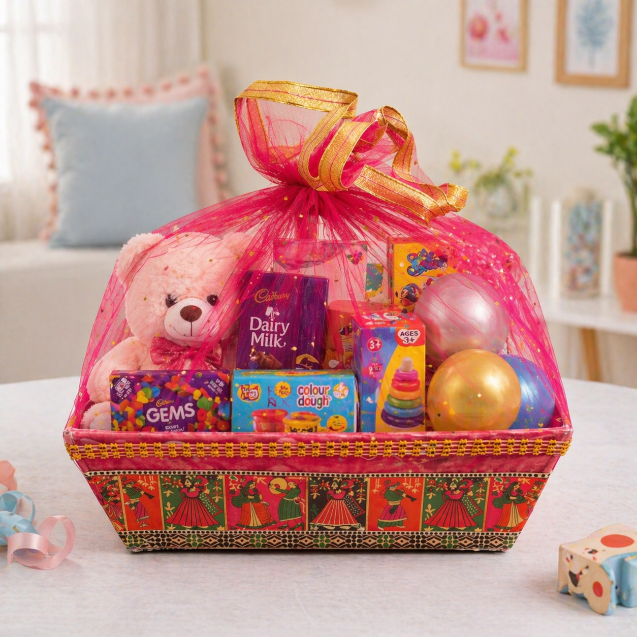 (Pack of 10)Premium Red Net Gift Tray with Folk Art Base – | Wedding Trousseau & Festive Hamper Tray