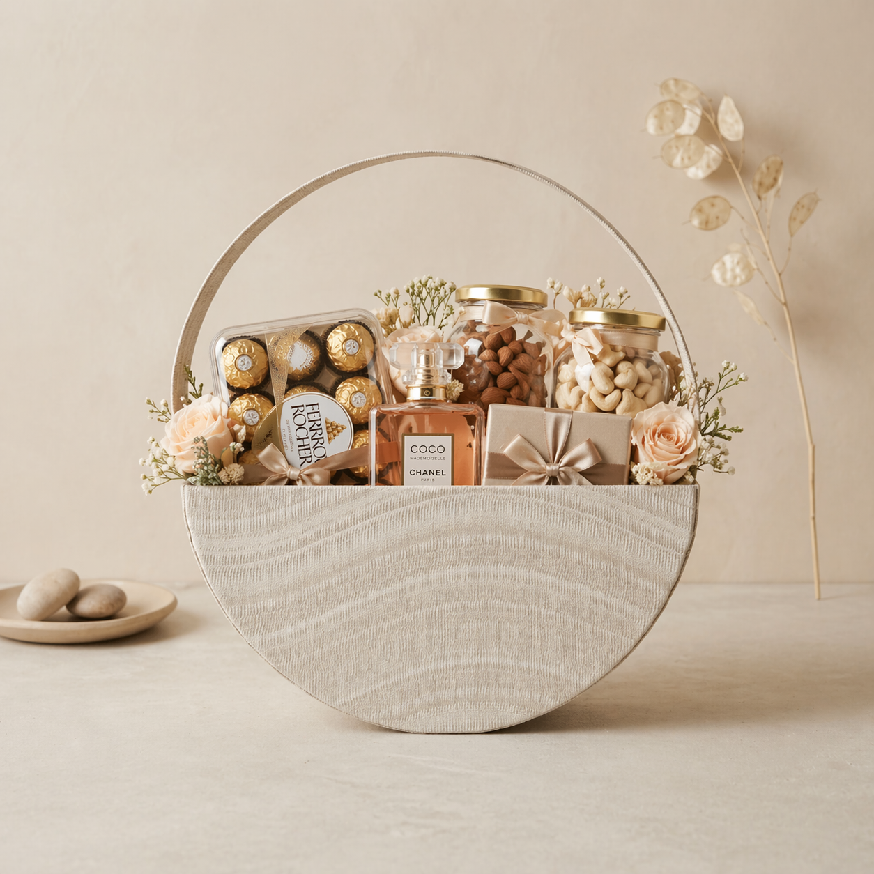 (Set of 3)Premium Half-Moon Handle Gift Basket – Elegant Trousseau & Wedding Hamper Basket (Off-White)