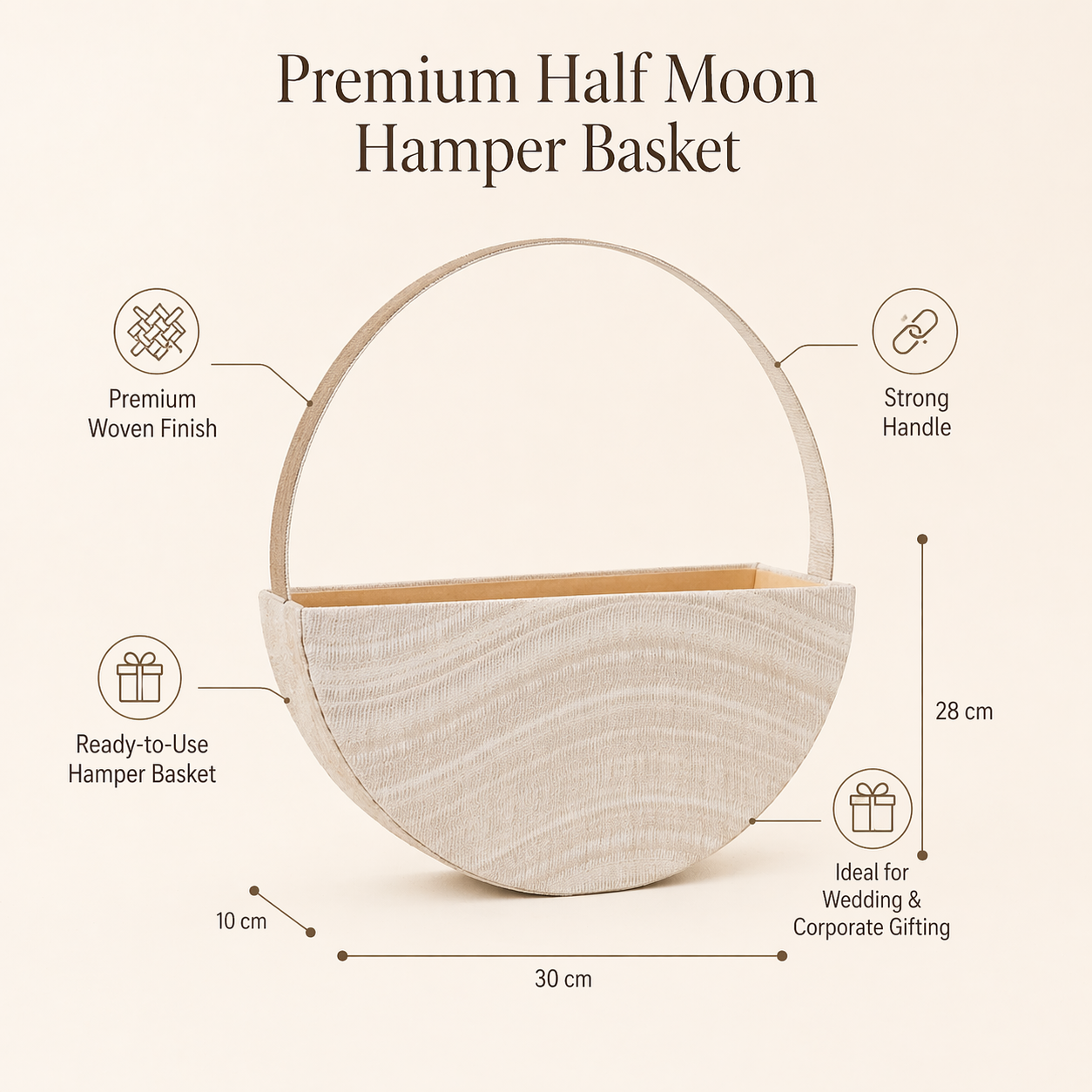(Set of 3)Premium Half-Moon Handle Gift Basket – Elegant Trousseau & Wedding Hamper Basket (Off-White)