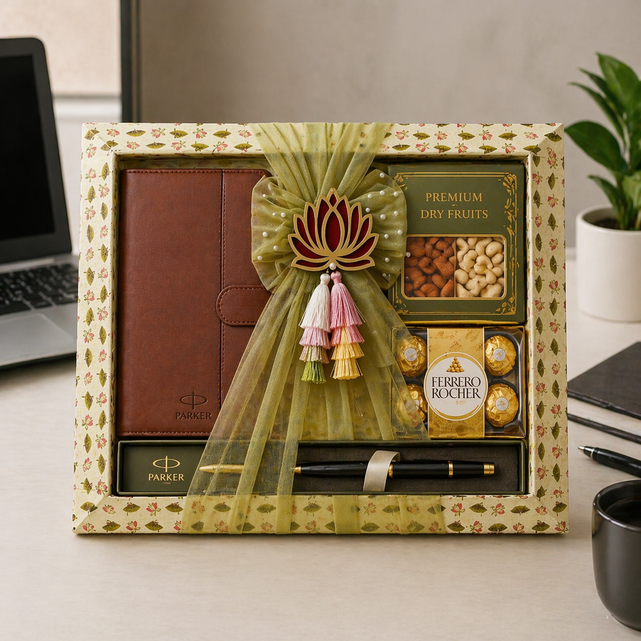 (Set of 3)Lotus Theme Decorative Gift Trays for Wedding Trousseau & Return Gift Packing (21x16 Inch)