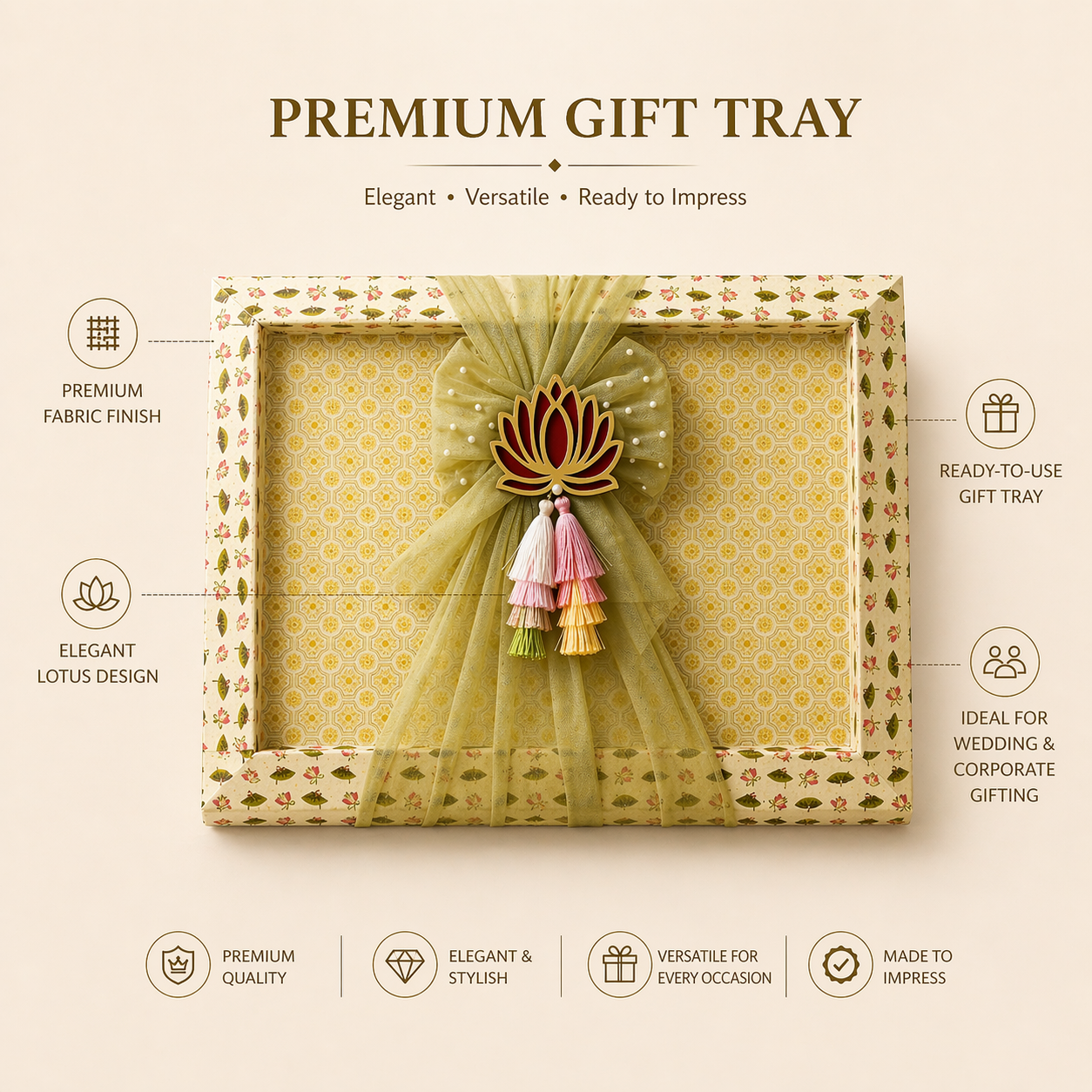 (Set of 3)Lotus Theme Decorative Gift Trays for Wedding Trousseau & Return Gift Packing (21x16 Inch)