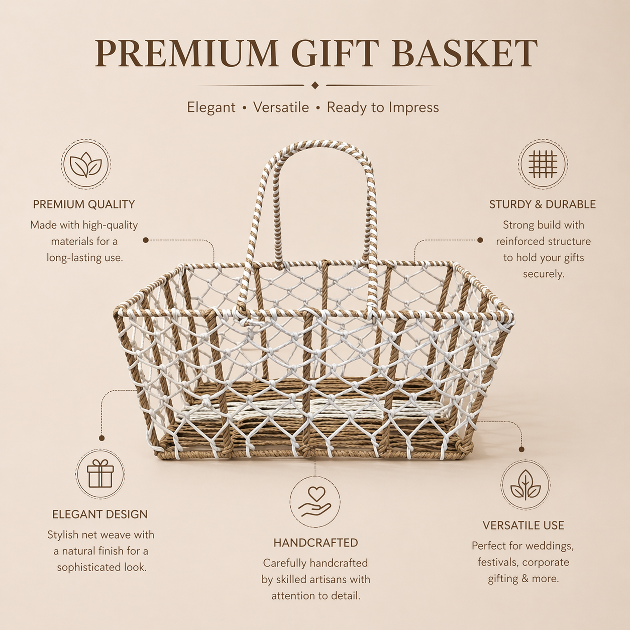(Set of 3)Premium Rope Net Gift Basket with Handle – Decorative Hamper Baskets for Wedding & Festive Gifting