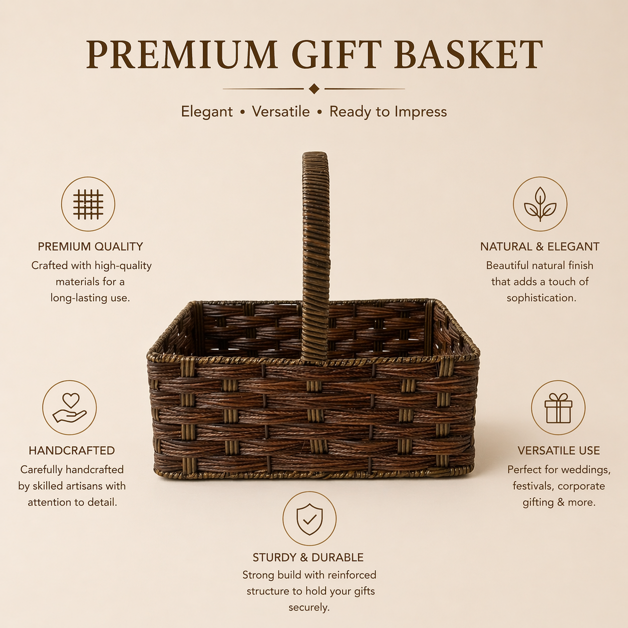 (Set of 3)Premium Brown Woven Handle Basket – Multipurpose Gift Hamper & Trousseau Packing Basket