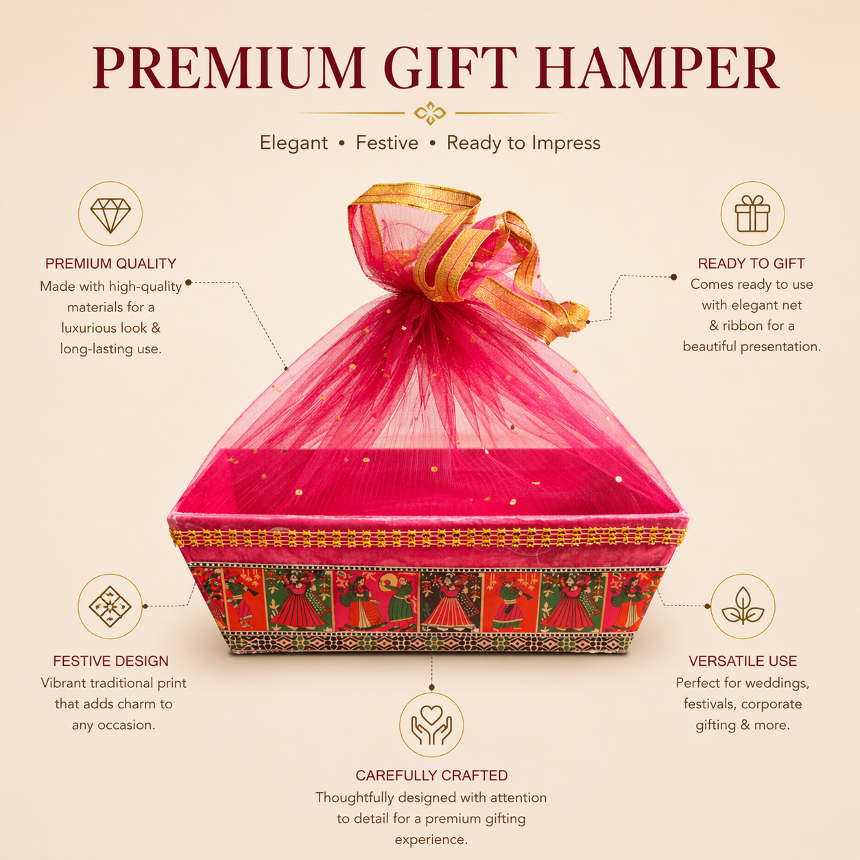 (Pack of 10)Premium Red Net Gift Tray with Folk Art Base – | Wedding Trousseau & Festive Hamper Tray
