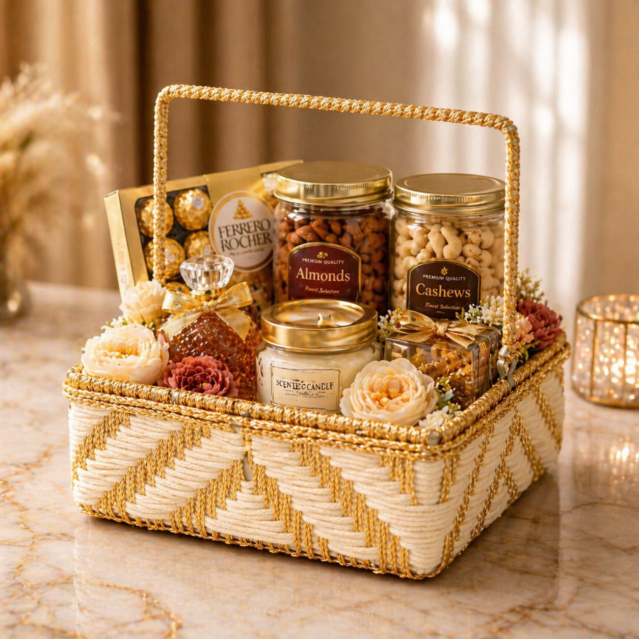 (Set of 3)Premium White & Gold Woven Handle – Luxury Gift Hamper & Trousseau Packing Basket