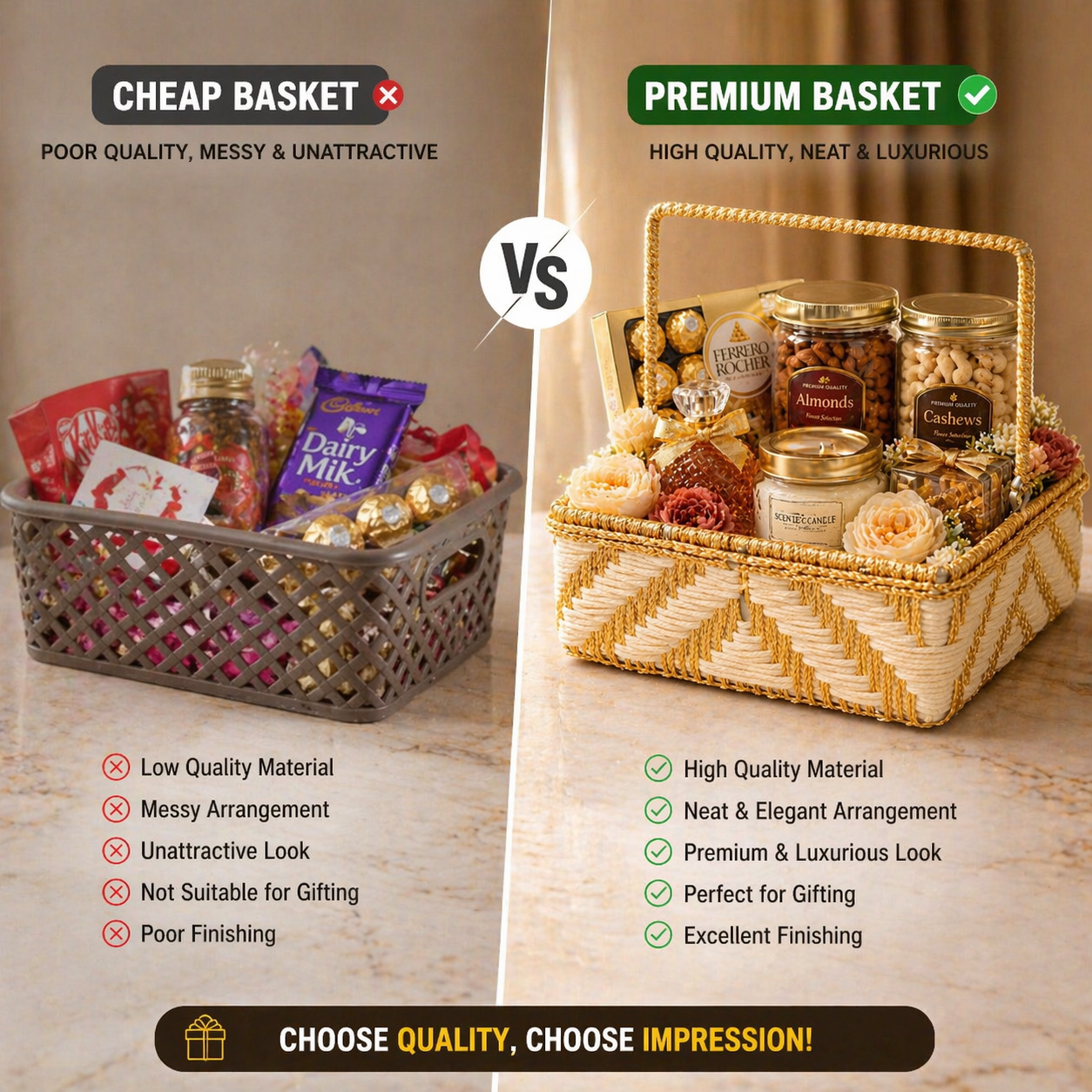 (Set of 3)Premium White & Gold Woven Handle – Luxury Gift Hamper & Trousseau Packing Basket